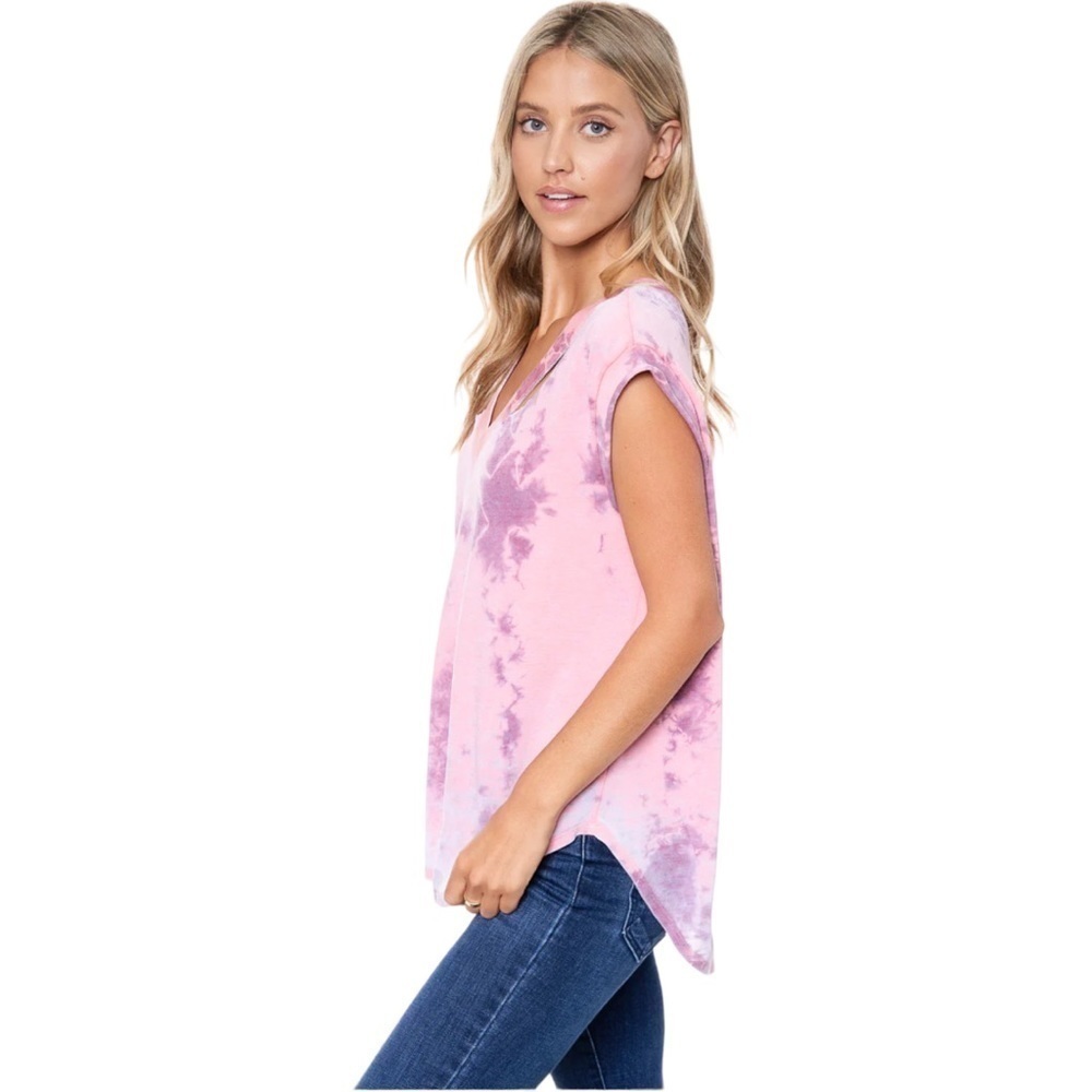 𝅺Maronie Shirt Womens Large Tie Dye V-neck Distressed Tee Cutout Neckline - Picture 4 of 9